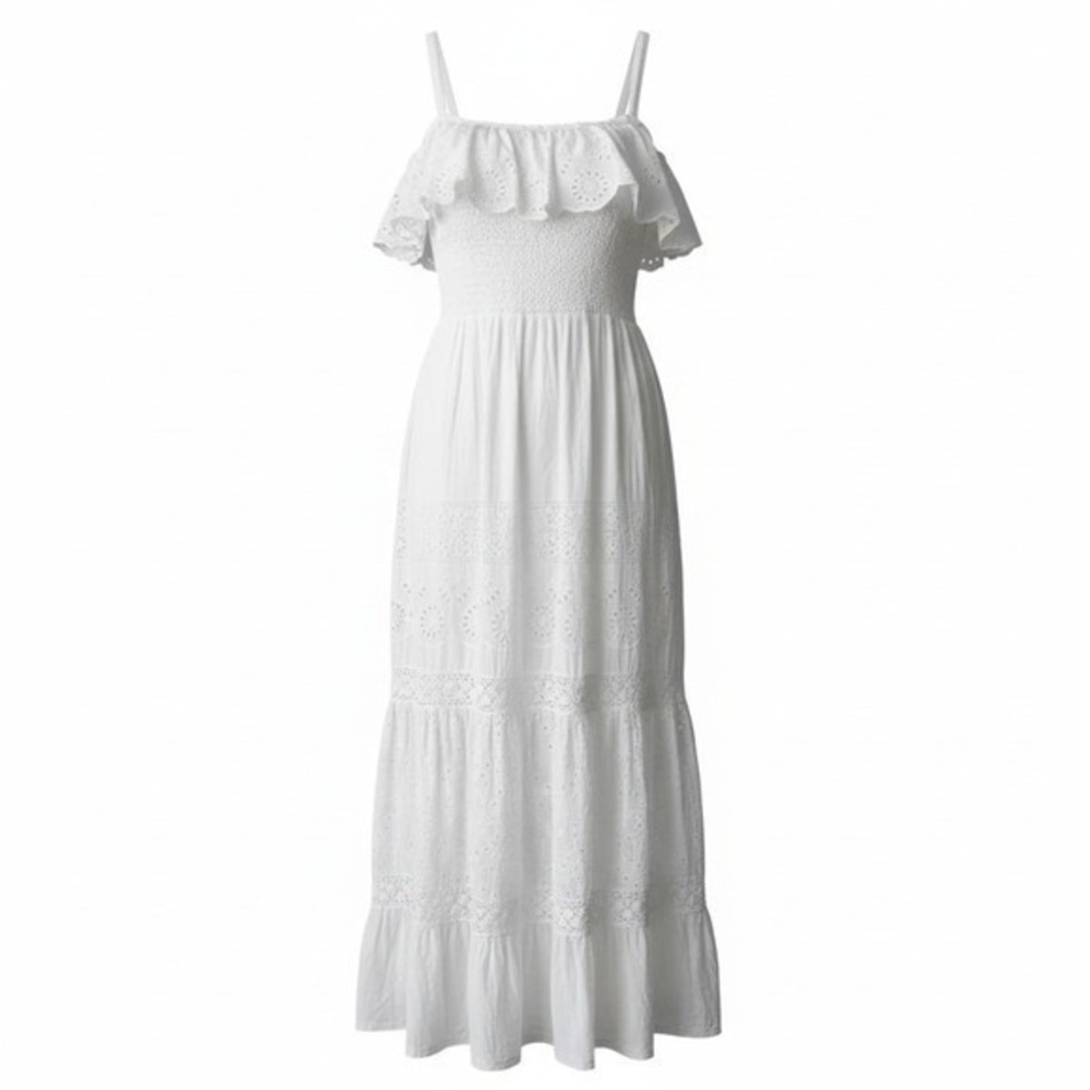 Magic White Eyelet Lace Smocked Tiered Maxi Dress Cotton Boho Summer M